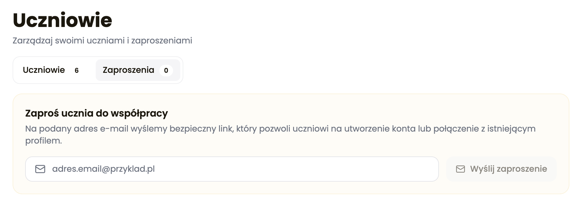 Widok zakładki Zaproszenia w module Uczniowie z polem wpisania adresu e-mail ucznia.