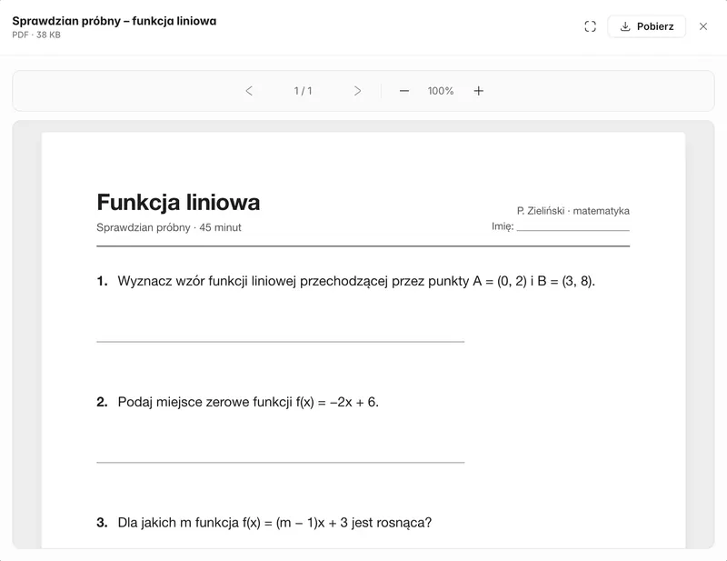 Podgląd pliku PDF „Sprawdzian próbny – funkcja liniowa” w pewniutko z przyciskiem Pobierz.