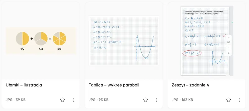 Folder Zdjęcia z lekcji: ilustracja ułamków, zdjęcie tablicy z wykresem paraboli i strona zeszytu z zadaniem.