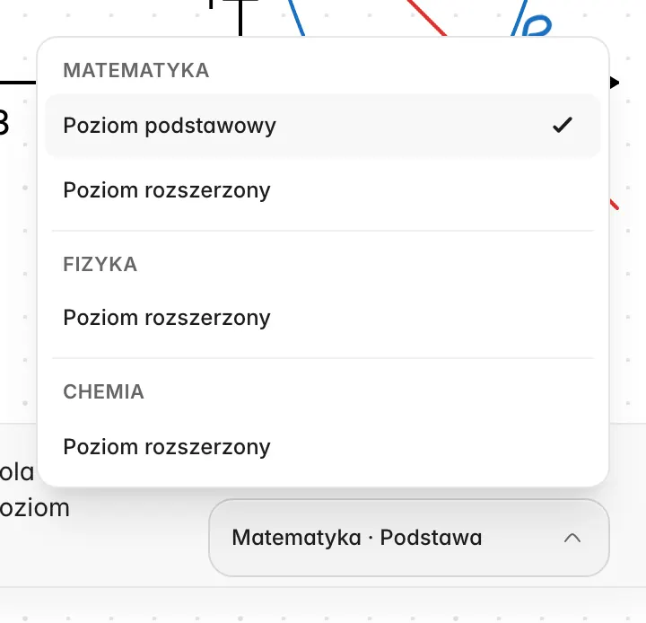 Wybór przedmiotu i poziomu w generatorze: matematyka na poziomie podstawowym i rozszerzonym, fizyka i chemia na poziomie rozszerzonym.