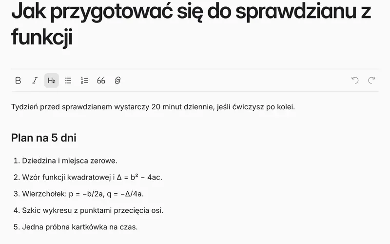 Edytor wpisu w pewniutko: tytuł, pasek formatowania i lista „Plan na 5 dni”.
