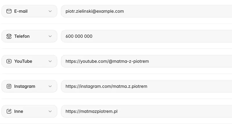 Kontakt i linki w ustawieniach strony korepetytora: e-mail, telefon, YouTube, Instagram i strona www.