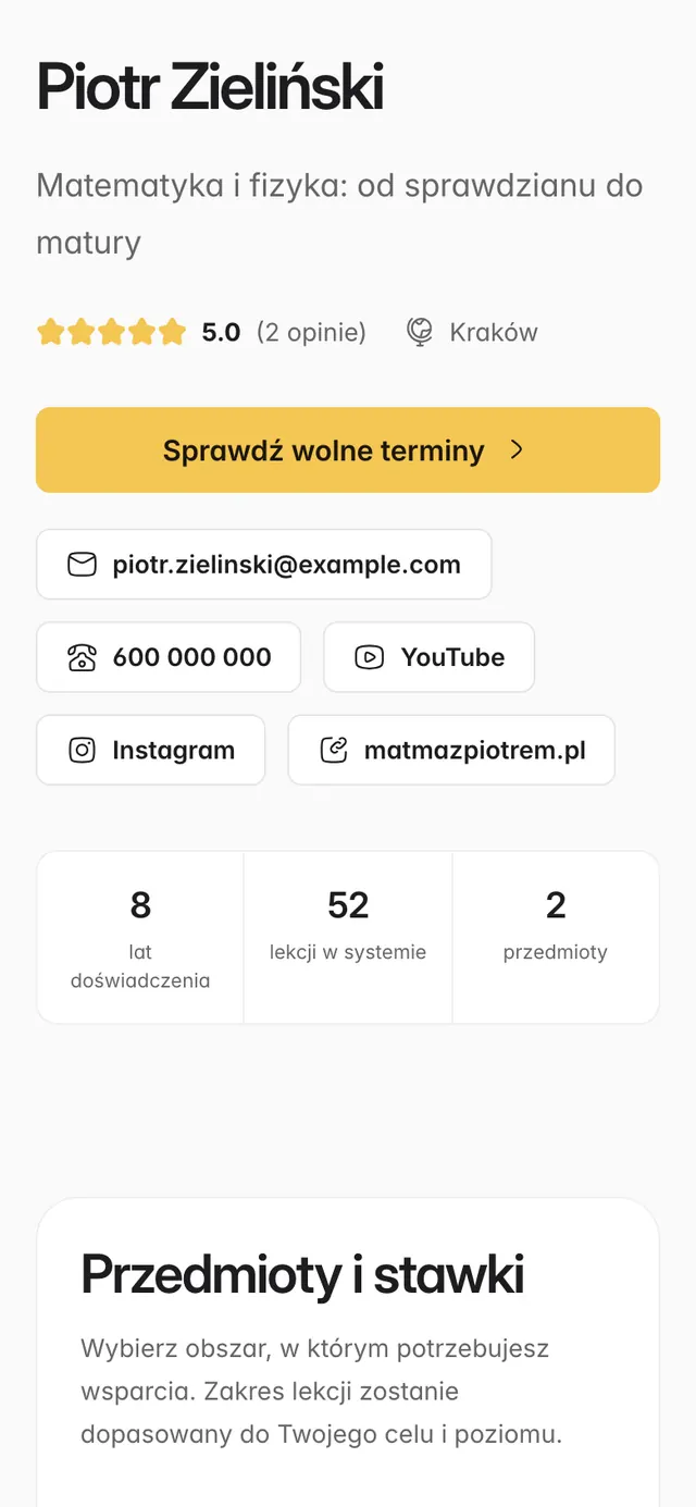 Strona korepetytora na telefonie: imię, przedmioty, ocena i przycisk Sprawdź wolne terminy.