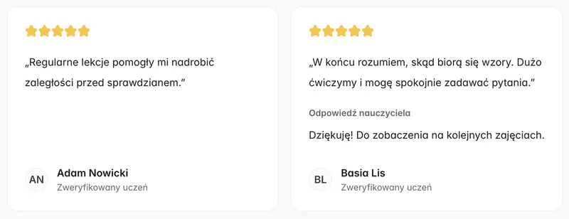 Opinie uczniów na stronie korepetytora: dwie oceny pięć gwiazdek, odpowiedź nauczyciela i oznaczenie Zweryfikowany uczeń.