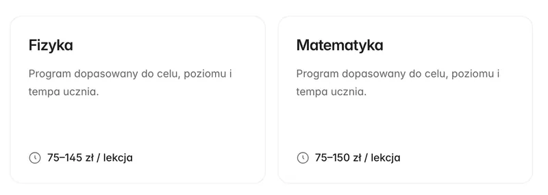 Przedmioty i stawki na stronie korepetytora: fizyka 75–145 zł i matematyka 75–150 zł za lekcję.