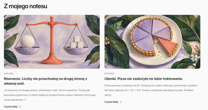 Lista wpisów „Z mojego notesu” na stronie korepetytora: artykuły o równaniach i ułamkach z ilustracjami.