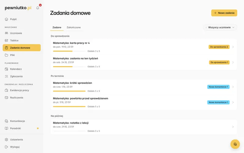 Lista zadań domowych w pewniutko: prace do sprawdzenia, po terminie i na później, z liczbą oddanych prac.