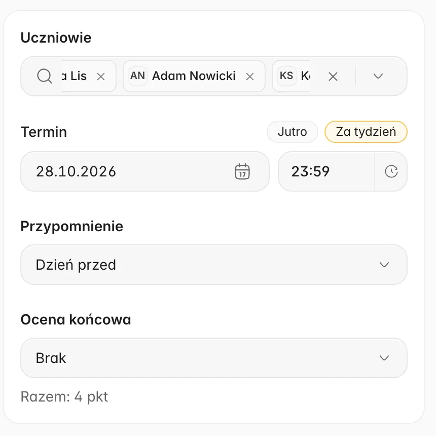 Ustawienia zadania domowego: trzech uczniów, termin 28.10 o 23:59, przypomnienie dzień przed i ocena końcowa.