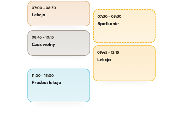 Tygodniowy grafik lekcji, czasu wolnego i próśb o zajęcia